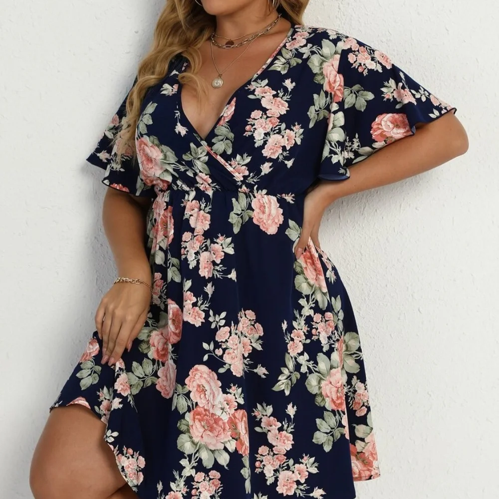 PLUS Boho Navy Blue Butterfly Sleeve Mini Dress Cottagecore - Picture 7 of 8